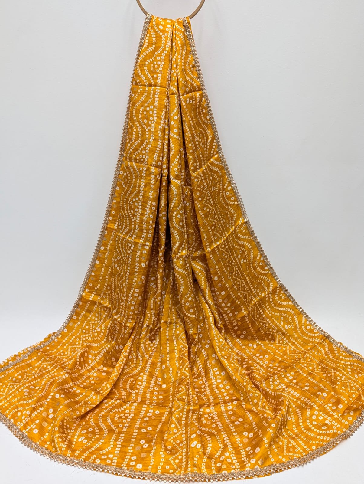 Yellow Bandhani pattern Chinon dupatta with foil