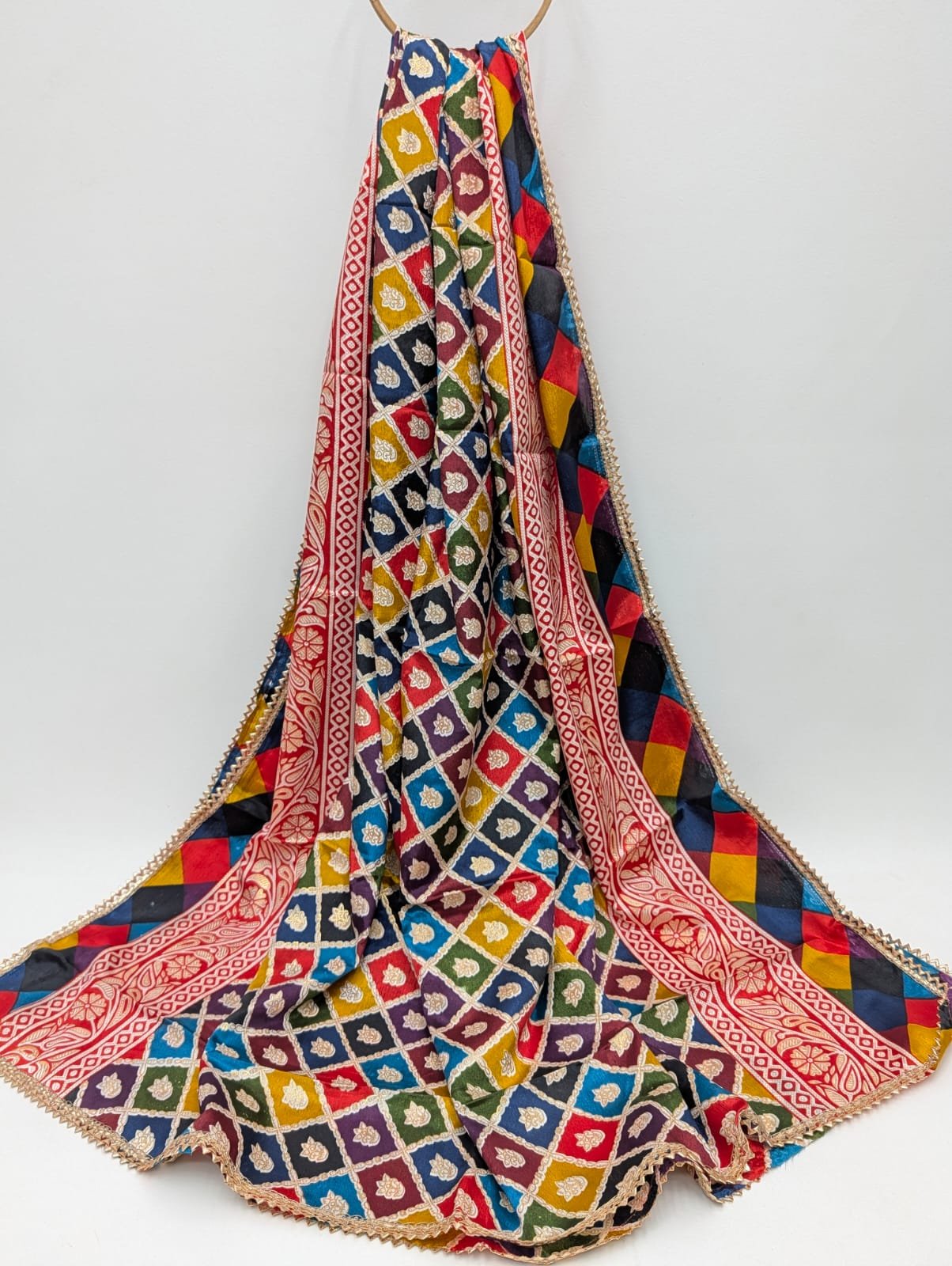 Multicolour geometric Chinon dupatta with gold foil