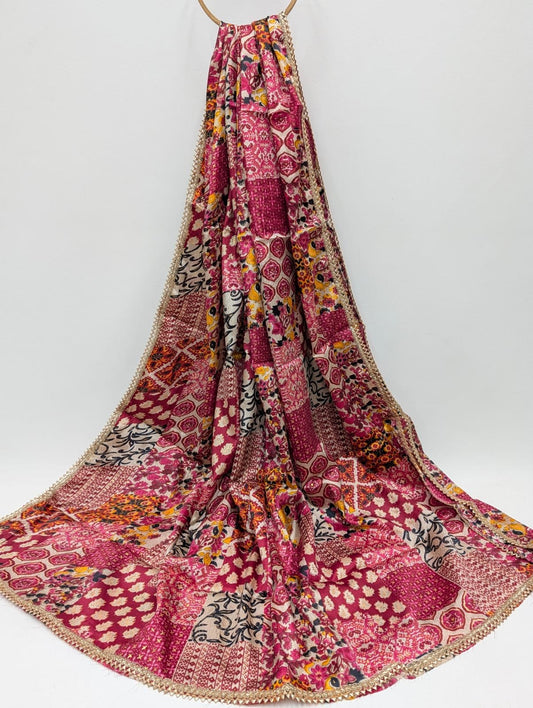 Pink floral Chinon dupatta with gold foil print