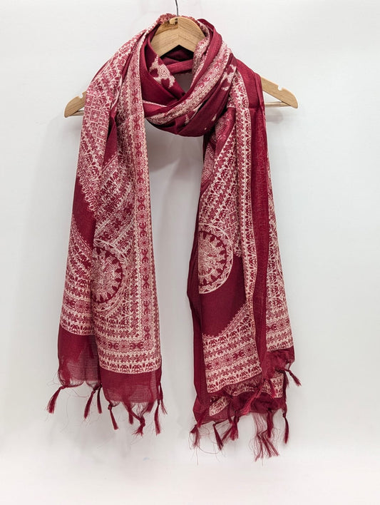 Red ethnic motif khadi cotton-silk stole dupatta