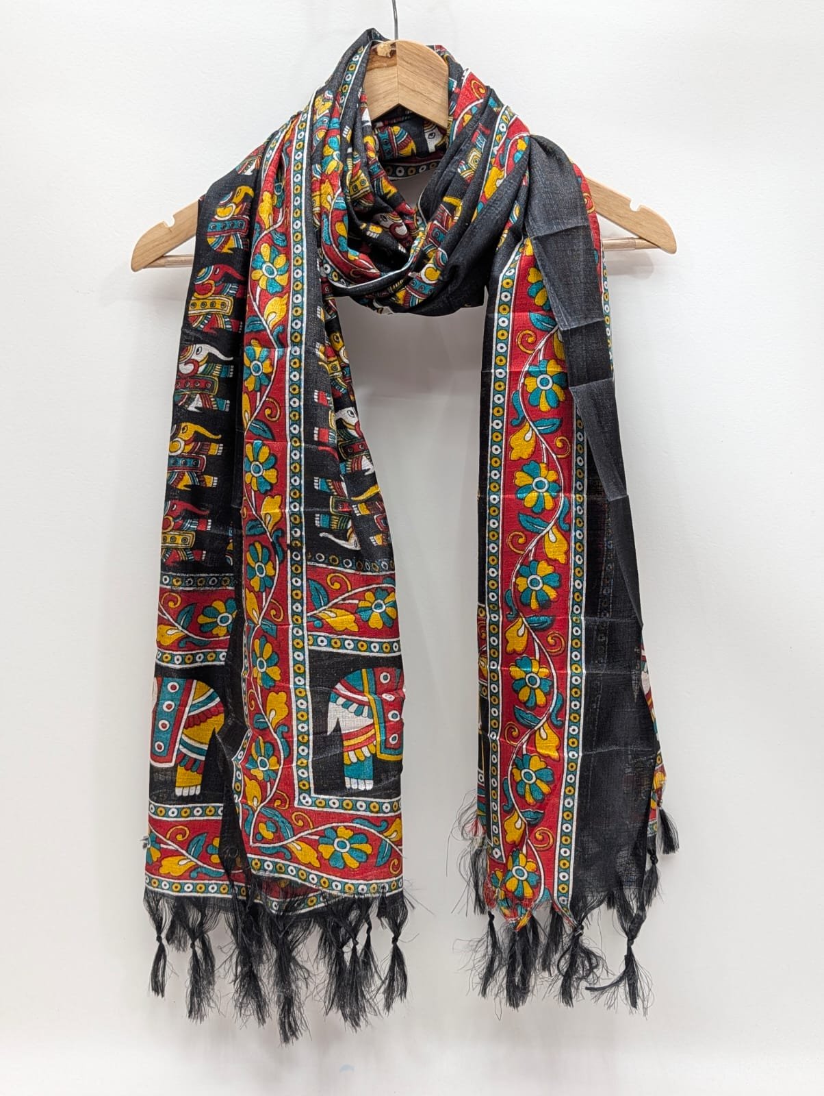 Black ethnic motif cotton-silk stole dupatta