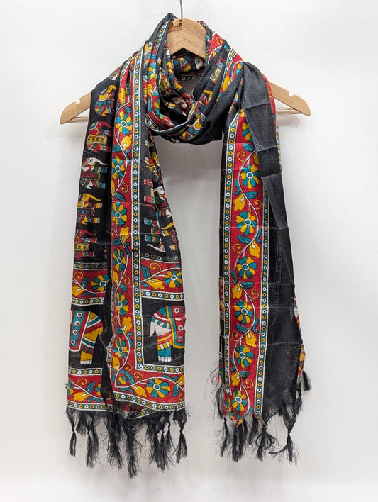 Black ethnic motif cotton-silk stole dupatta