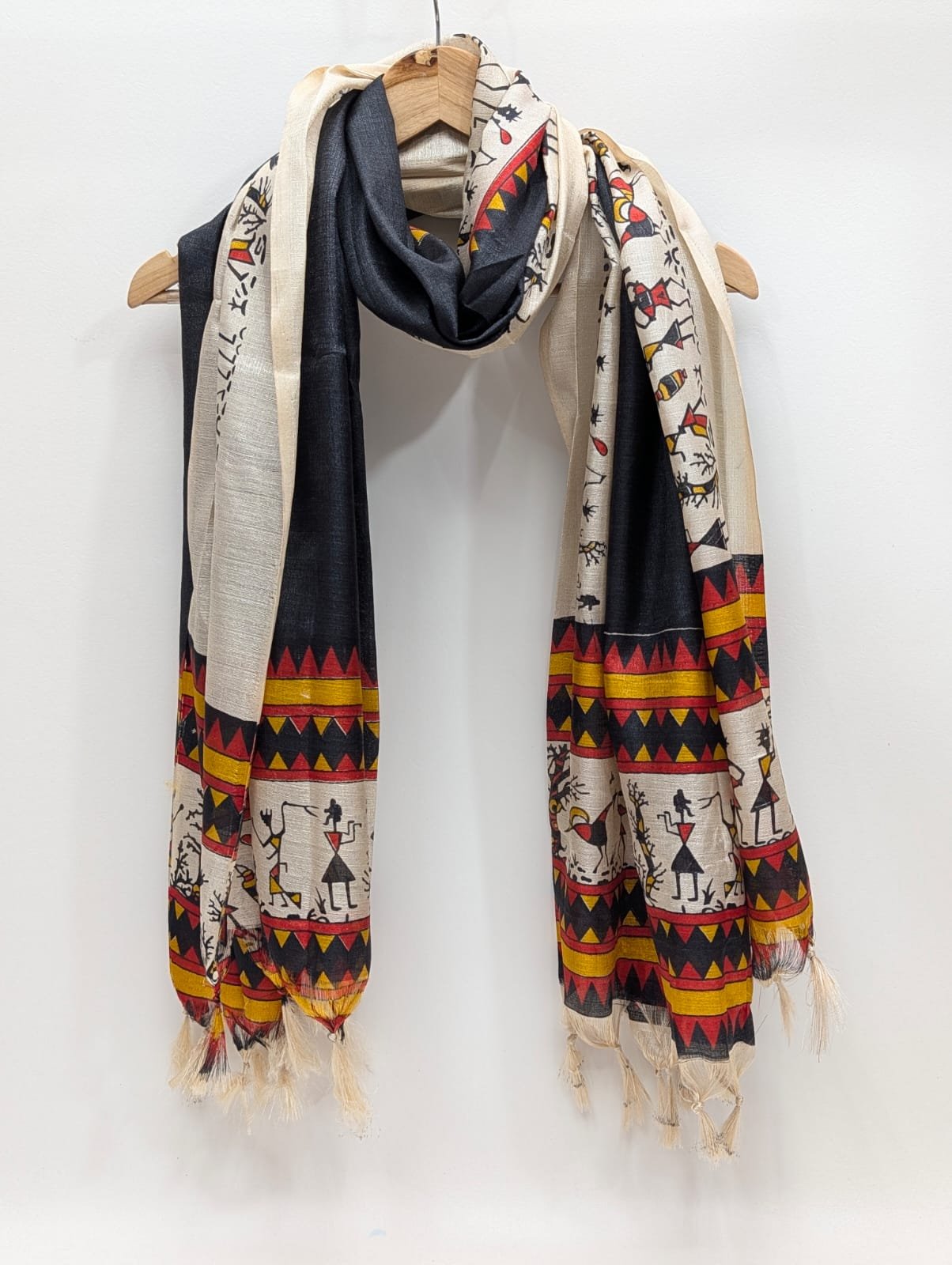 Black white tribal pattern cotton-silk stole