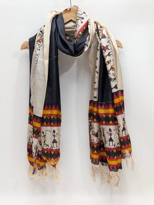 Black white tribal pattern cotton-silk stole