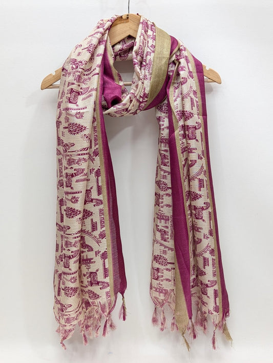 Pink abstract print stole with golden border