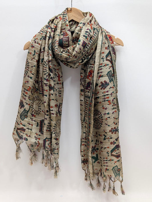 Beige traditional motif dupatta with tassels
