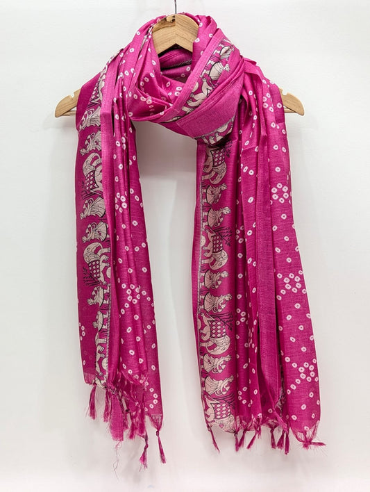 Pink floral block print cotton-silk dupatta