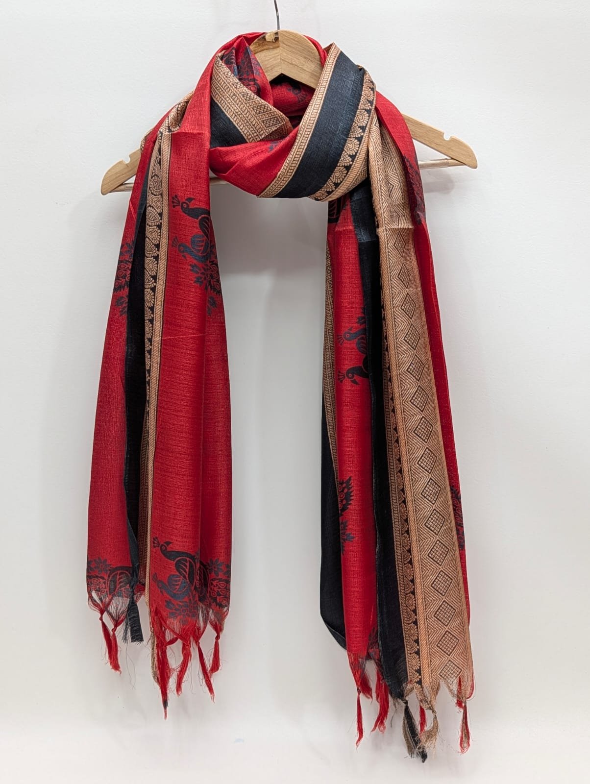 Red black ethnic motif cotton-silk stole