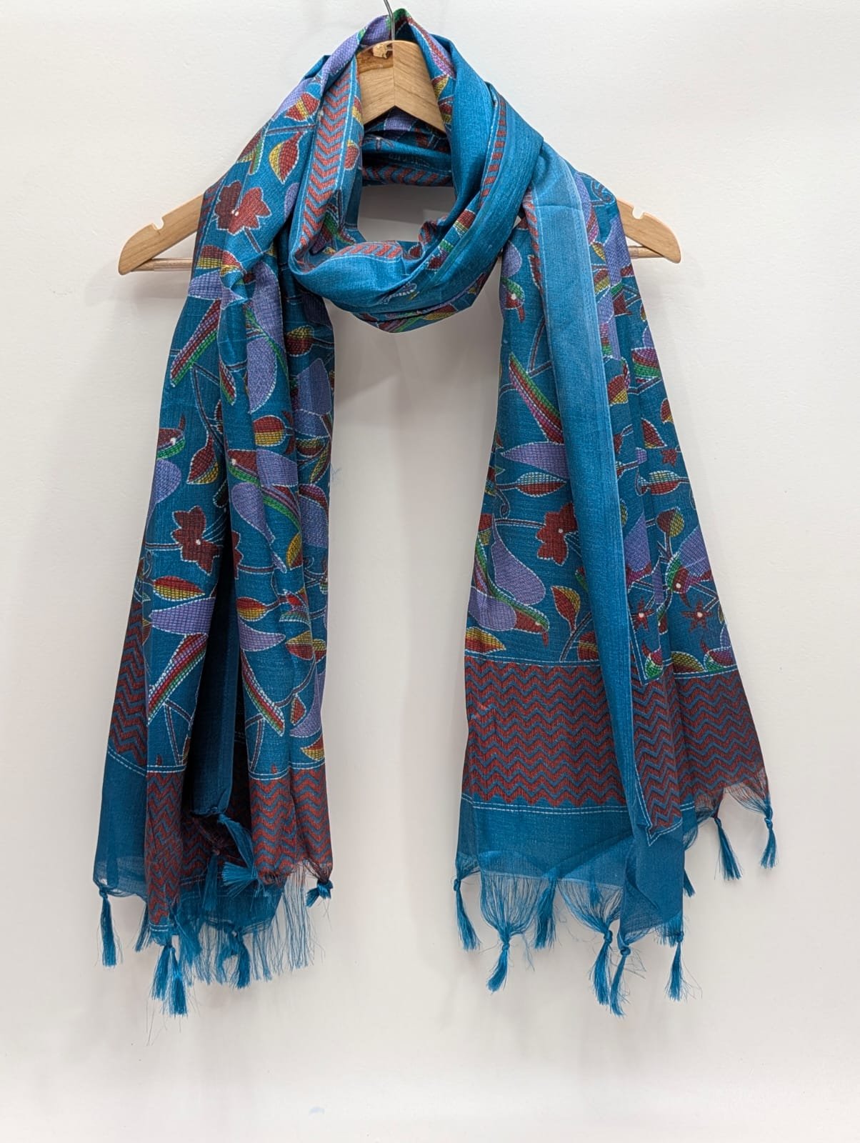 Blue floral khadi cotton-silk stole dupatta
