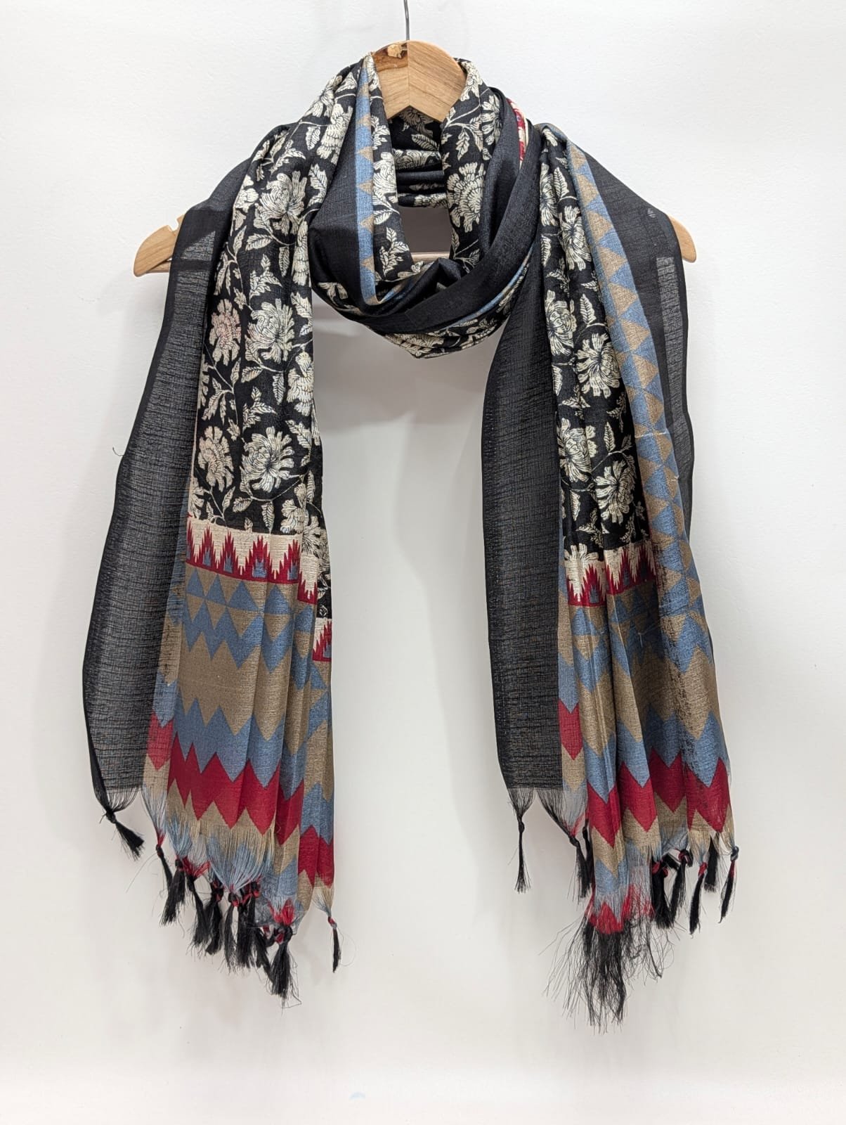 Black floral khadi cotton-silk stole dupatta design