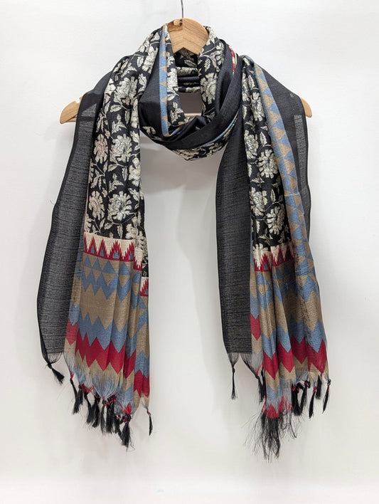 Black floral khadi cotton-silk stole dupatta design