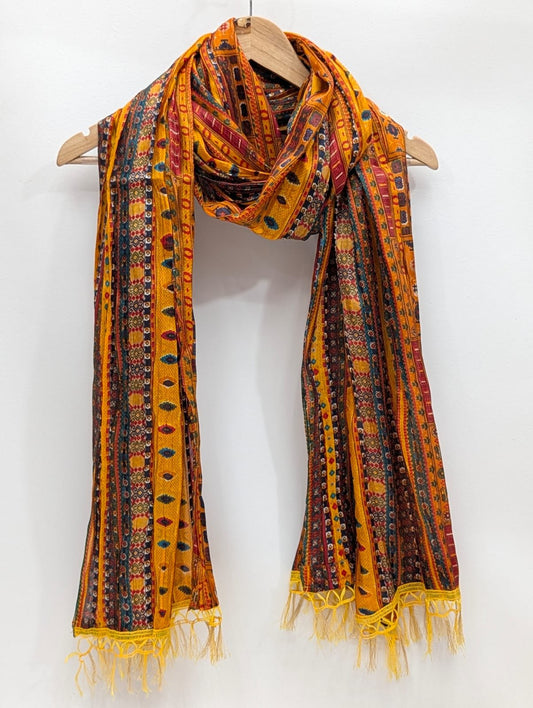 Yellow panel print stole with tassels