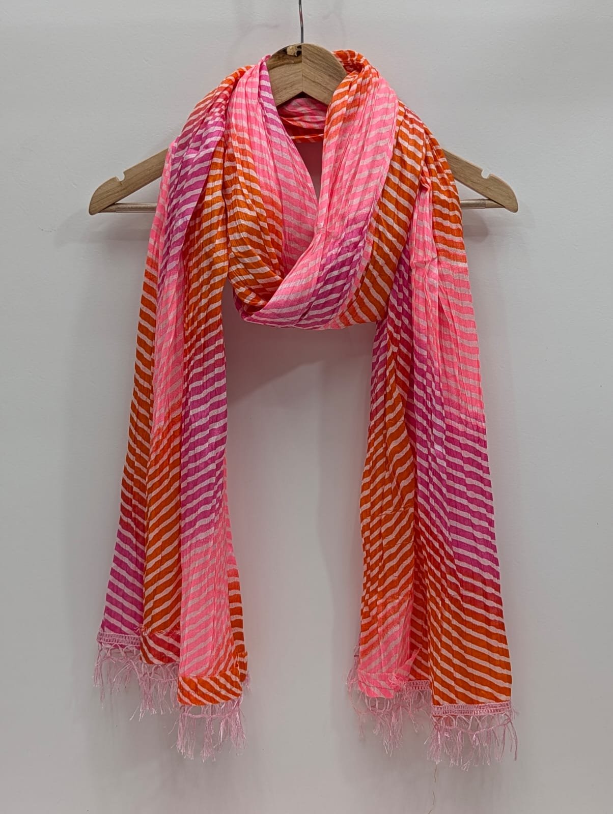 Pink orange striped synthetic fibre dupatta stole