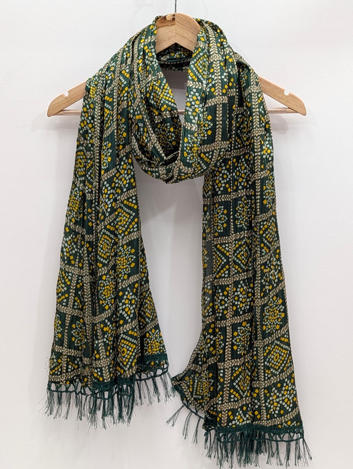 Green geometric printed stole with tassels