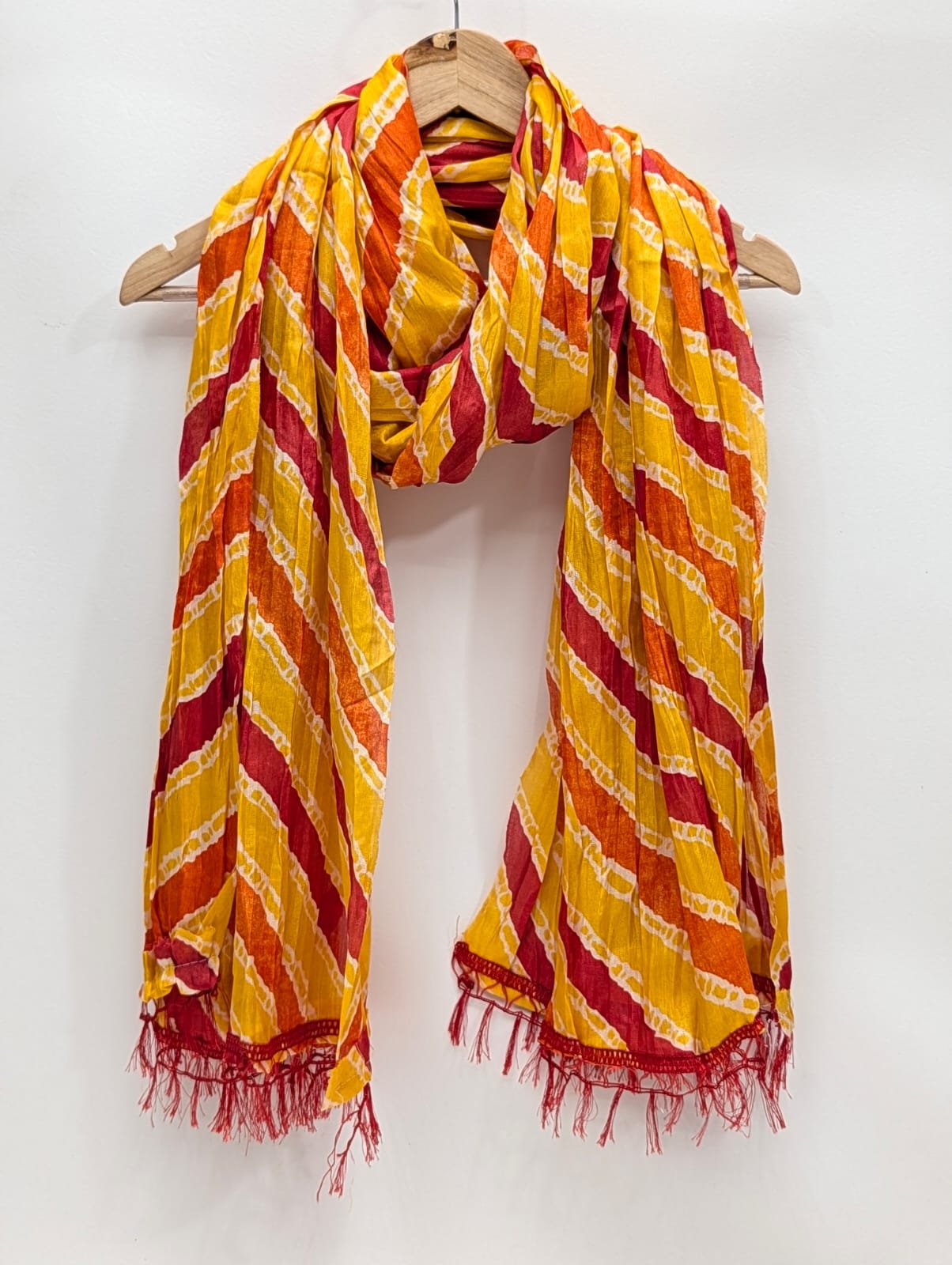 Yellow red striped stole dupatta with tassels