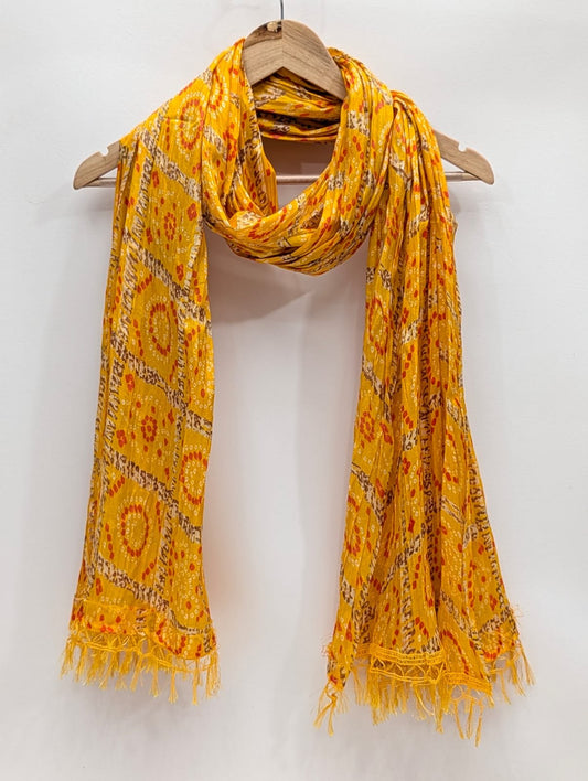 Yellow ethnic motif stole with tassels