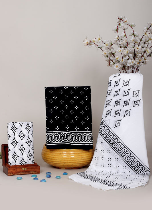 Black & White Hand Block Cotton Salwar Suit Set with Cotton Dupatta