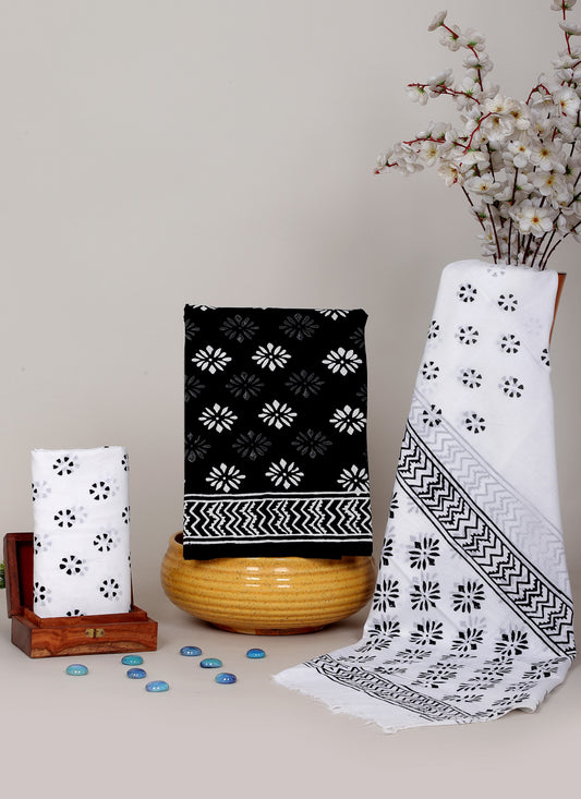 Black & White Hand Block Cotton Salwar Suit Set with Cotton Dupatta