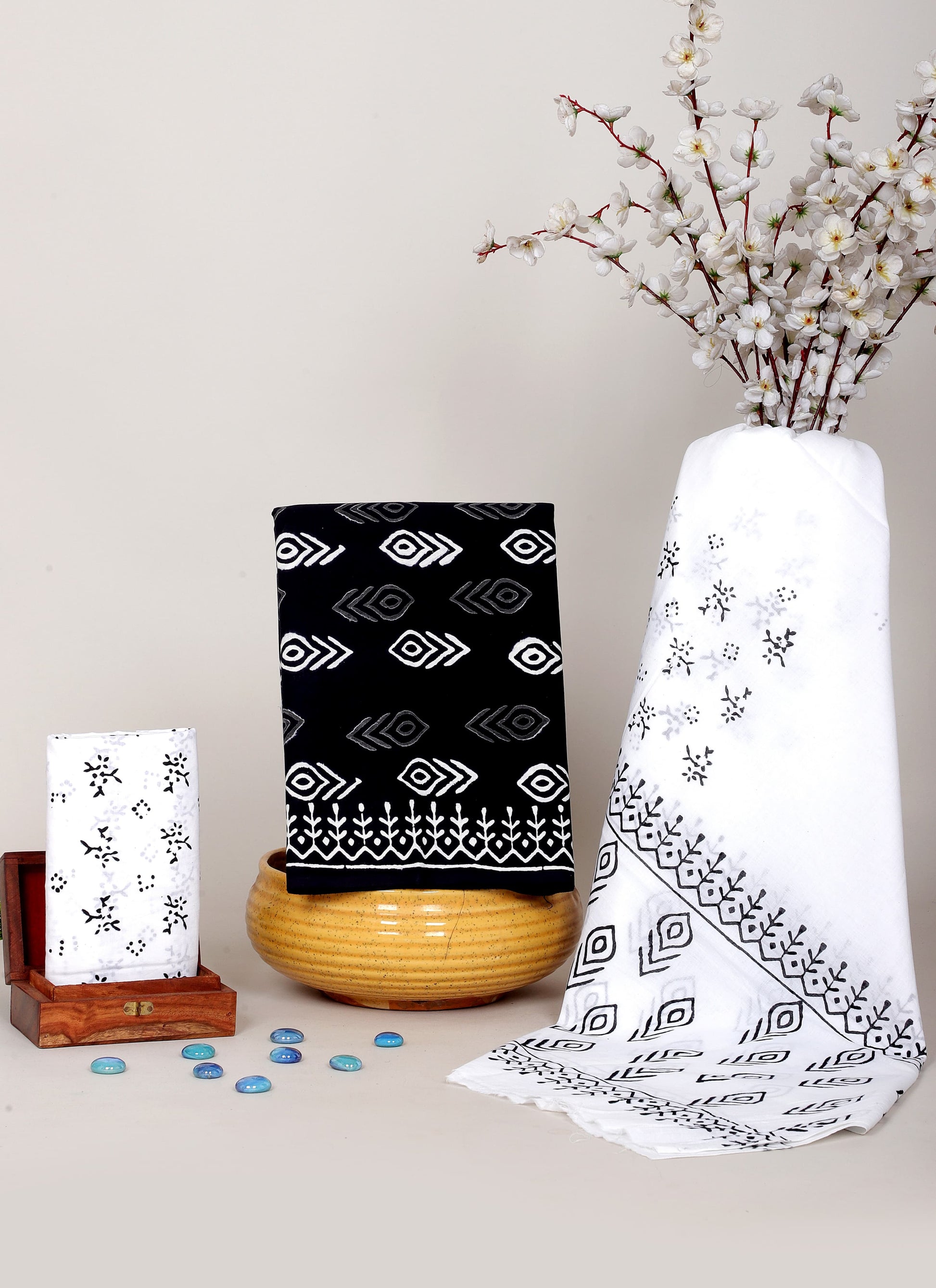 Black & White Hand Block Cotton Salwar Suit Set with Cotton Dupatta