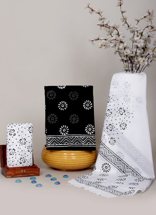 Black & White Hand Block Cotton Salwar Suit Set with Cotton Dupatta