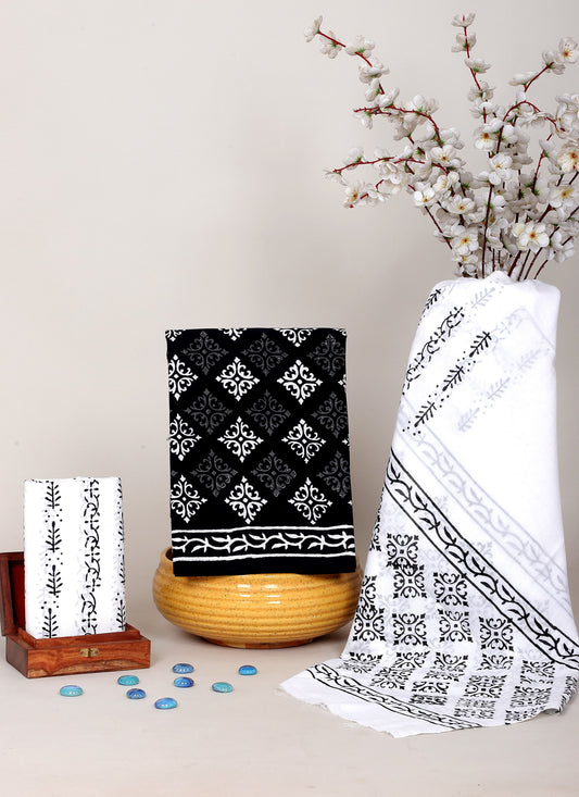 Black & White Hand Block Cotton Salwar Suit Set with Cotton Dupatta