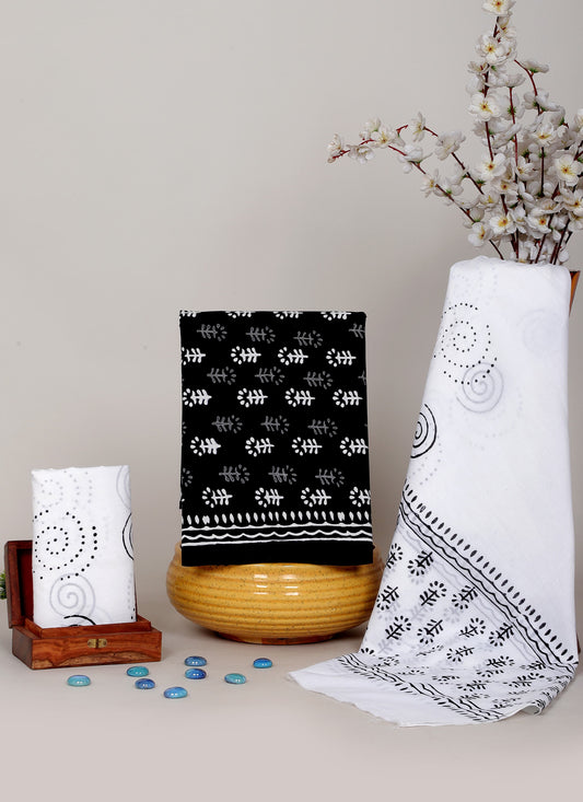 Black & White Hand Block Cotton Salwar Suit Set with Cotton Dupatta