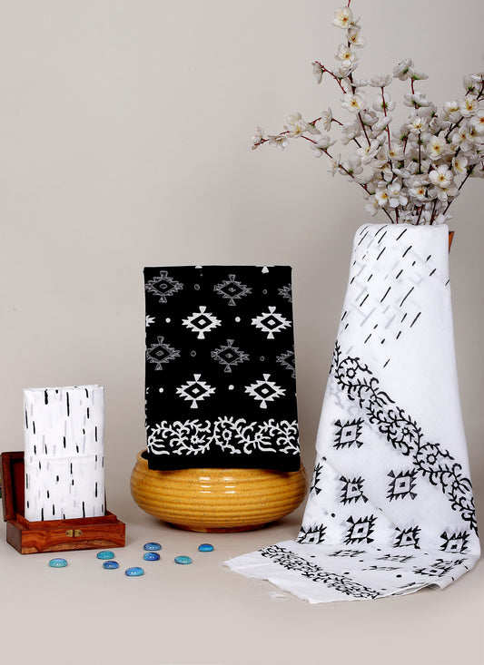 Black & White Hand Block Cotton Salwar Suit Set with Cotton Dupatta