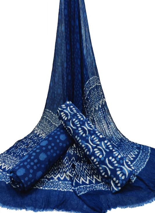 Bagru Hand Block Cotton Salwar Suit Set with Chiffon Dupatta  - TSPSCFGB36