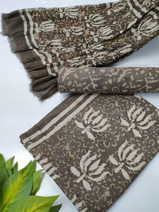 Bagru Hand Block Cotton Salwar Suit Set with Chiffon Dupatta  - TSPSCFGB52