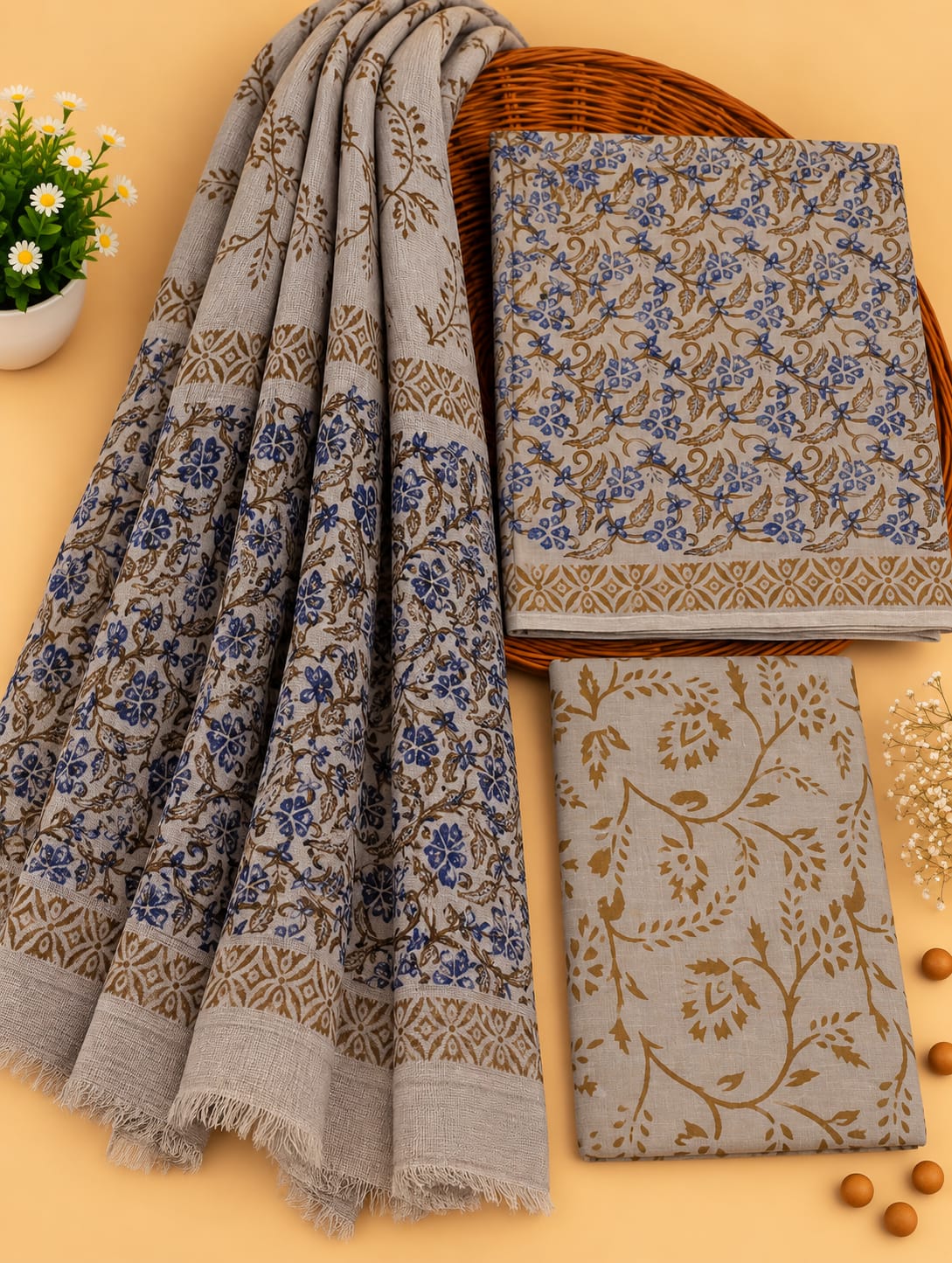 Grey & Blue Floral Jaal Unstitched Cotton Suit Set with Chiffon Dupatta