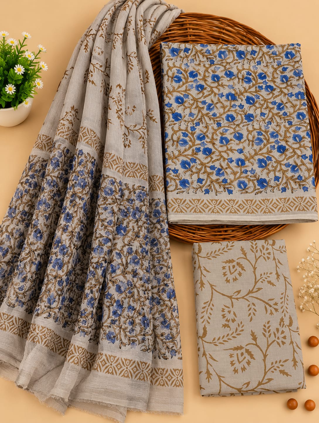 Grey & Blue Floral Jaal Unstitched Cotton Suit Set with Chiffon Dupatta