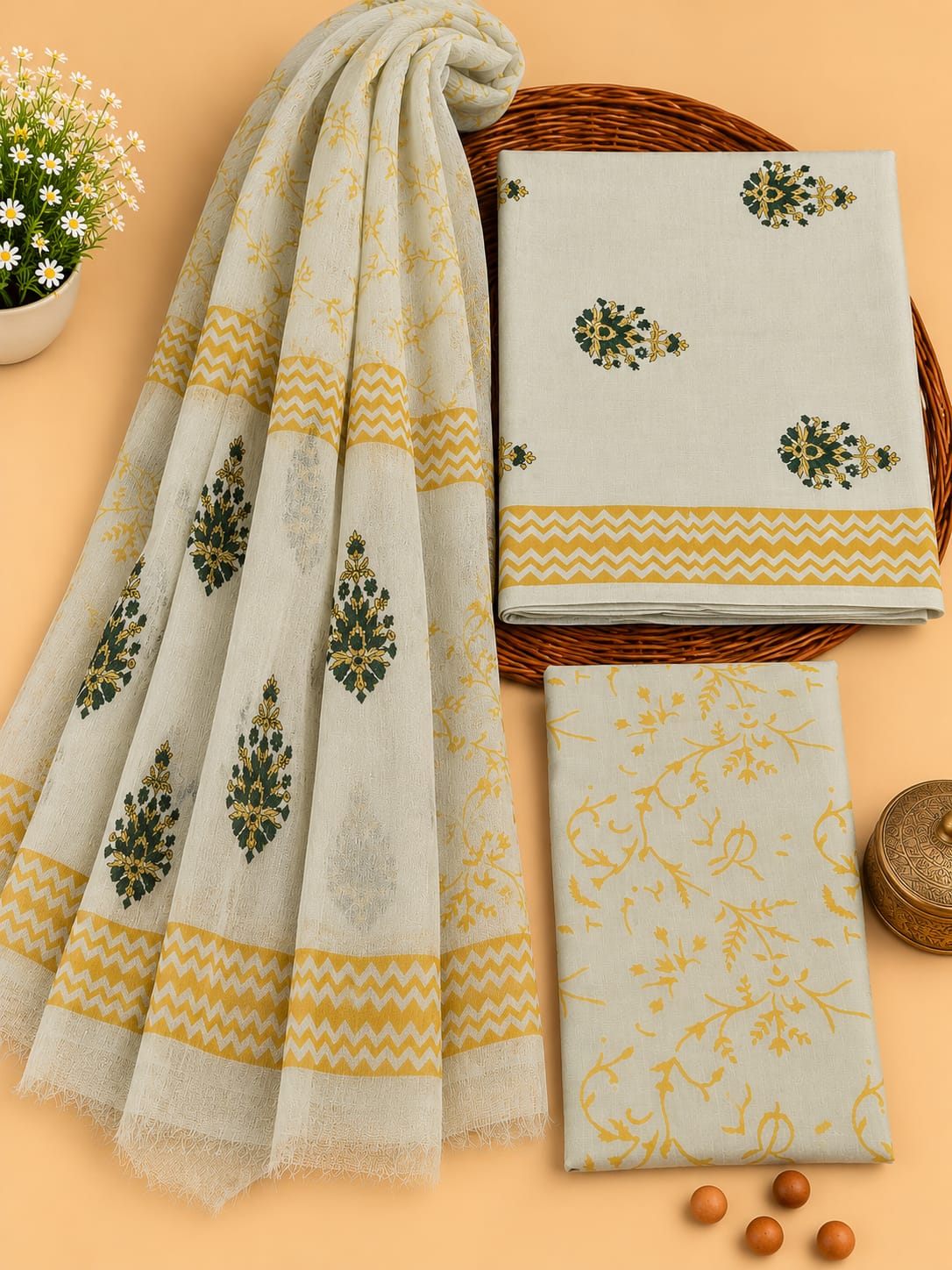 Off-White & Yellow Floral Booti Unstitched Cotton Suit Set with Chiffon Dupatta