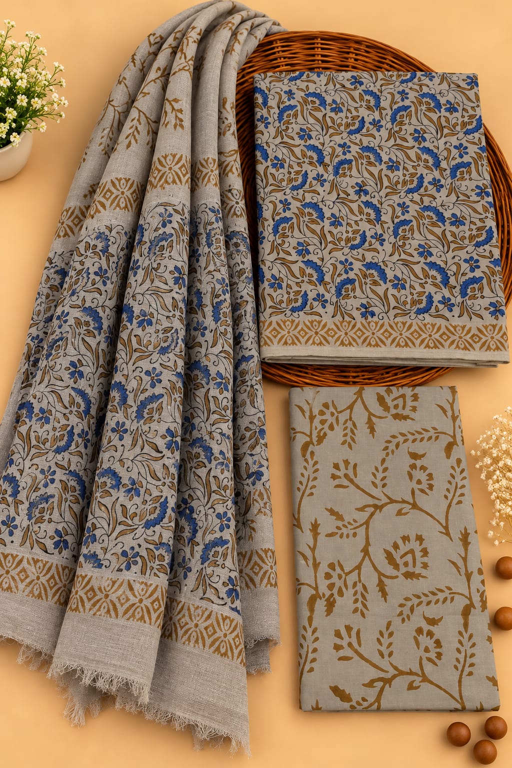Grey & Blue Floral Jaal Unstitched Cotton Suit Set with Chiffon Dupatta