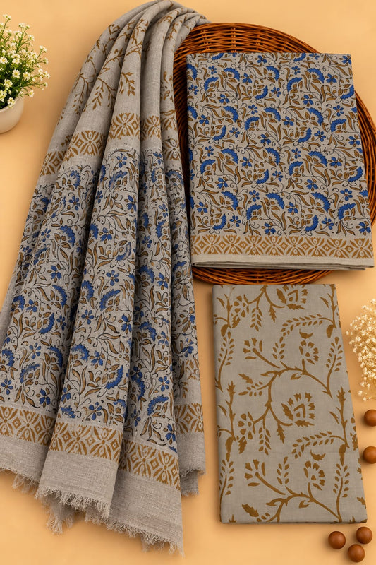 Grey & Blue Floral Jaal Unstitched Cotton Suit Set with Chiffon Dupatta