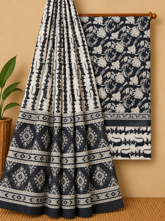Black & Off-White Floral Jaal Unstitched Cotton Screen Print Salwar Suit Set with Mul Cotton Dupatta