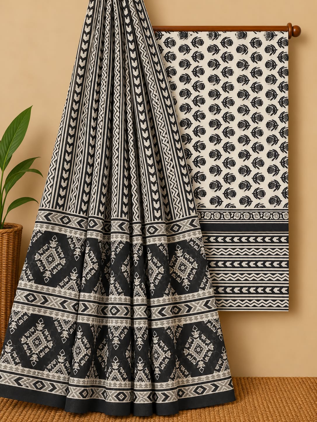 Black & Off-White Floral Booti Unstitched Cotton Screen Print Salwar Suit Set with Mul Cotton Dupatta