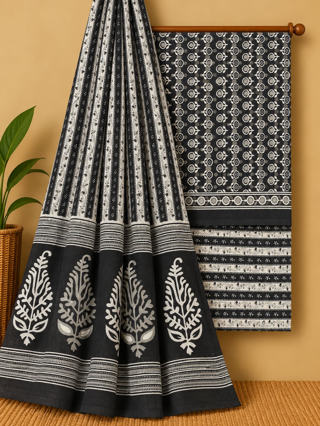 Black & Off-White Floral Booti Unstitched Cotton Screen Print Salwar Suit Set with Mul Cotton Dupatta