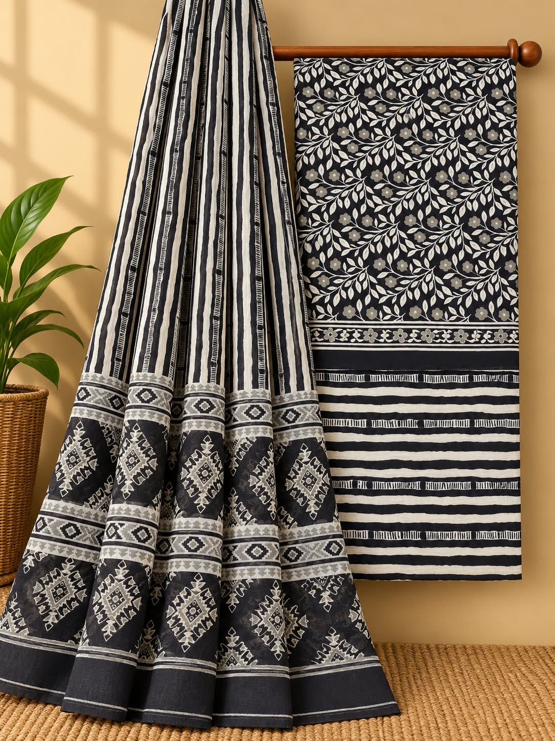 Black & Off-White Floral Jaal Unstitched Cotton Screen Print Salwar Suit Set with Mul Cotton Dupatta