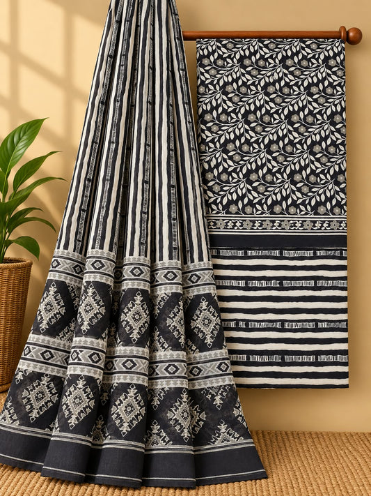 Black & Off-White Floral Jaal Unstitched Cotton Screen Print Salwar Suit Set with Mul Cotton Dupatta