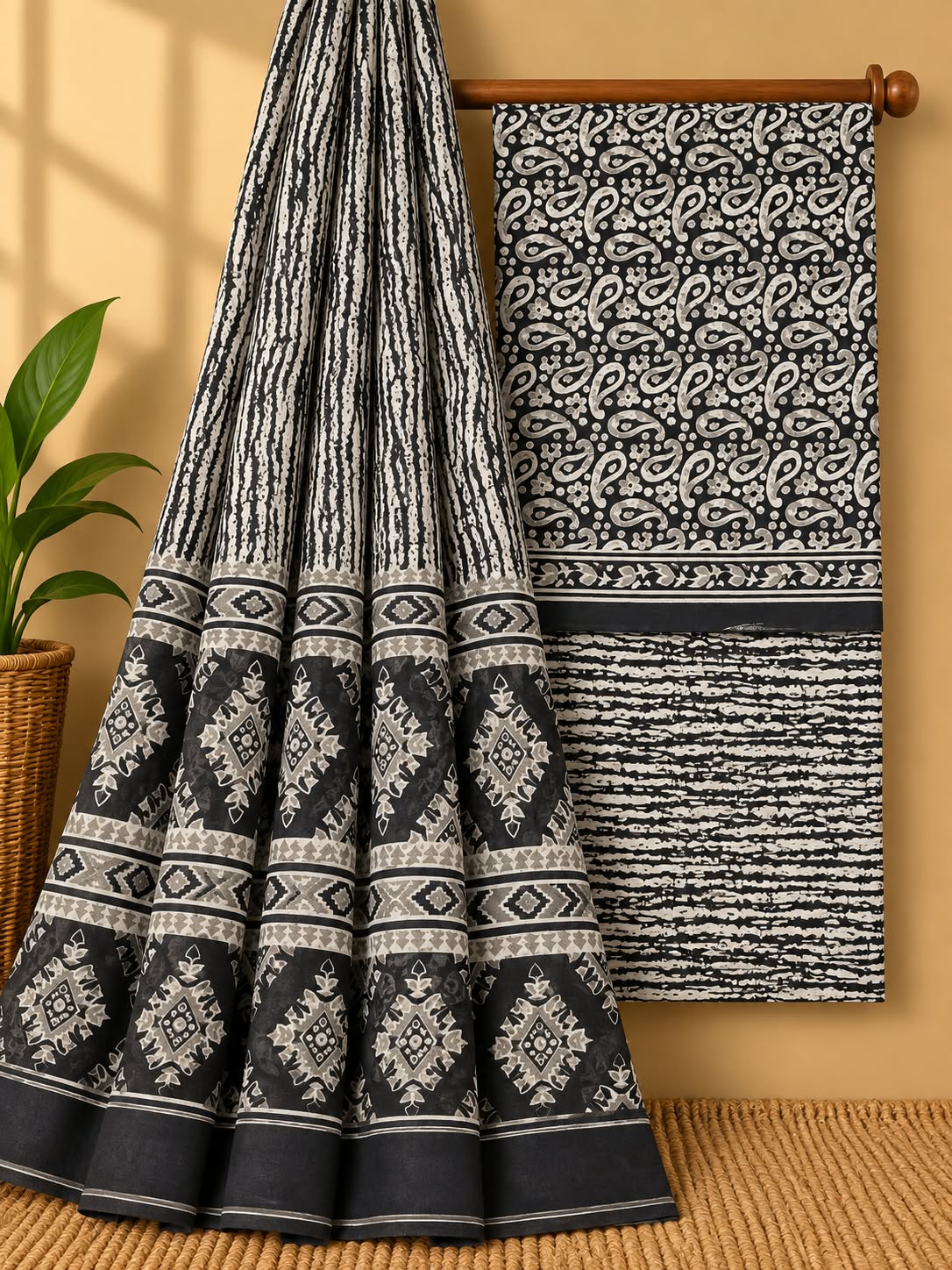 Black & Off-White Paisley Unstitched Cotton Screen Print Salwar Suit Set with Mul Cotton Dupatta