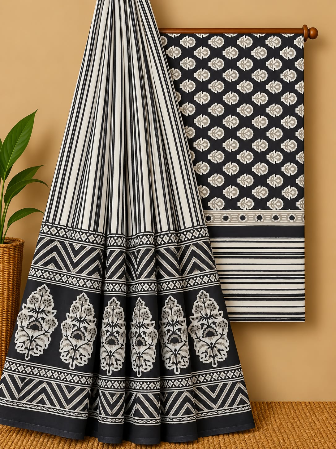 Black & Off-White Floral Booti Unstitched Cotton Screen Print Salwar Suit Set with Mul Cotton Dupatta