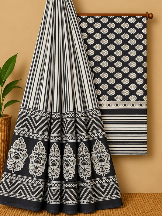 Black & Off-White Floral Booti Unstitched Cotton Screen Print Salwar Suit Set with Mul Cotton Dupatta