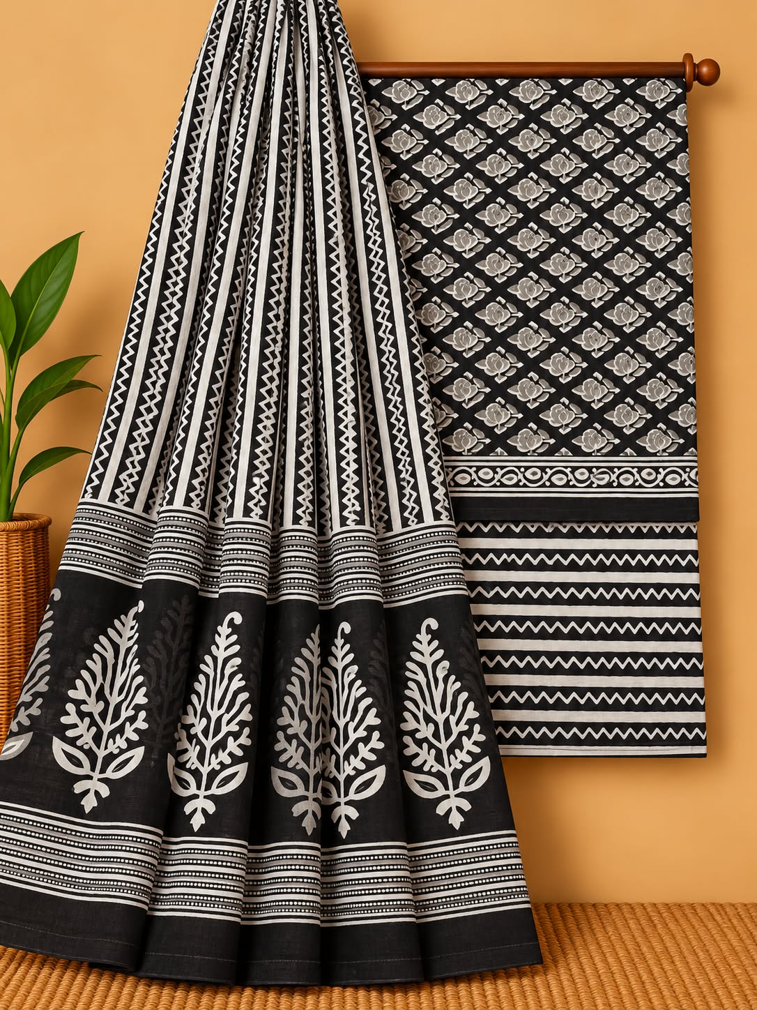 Black & Off-White Floral Booti Unstitched Cotton Screen Print Salwar Suit Set with Mul Cotton Dupatta
