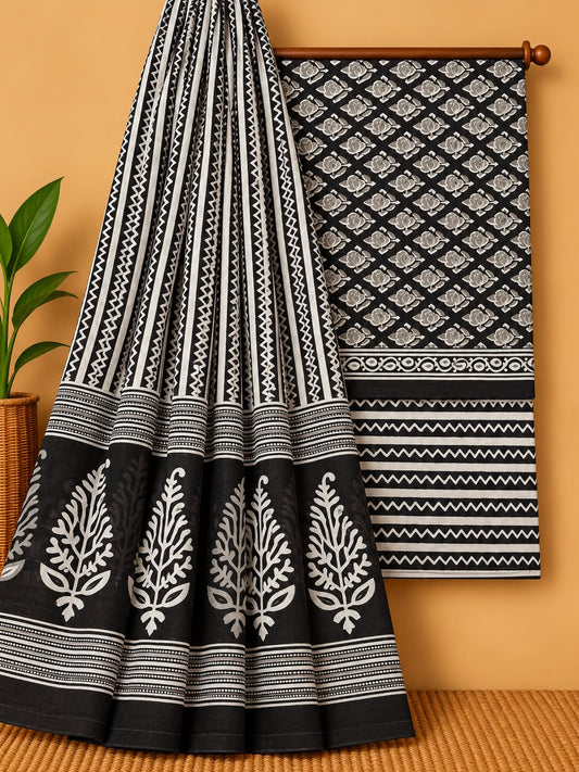 Black & Off-White Floral Booti Unstitched Cotton Screen Print Salwar Suit Set with Mul Cotton Dupatta