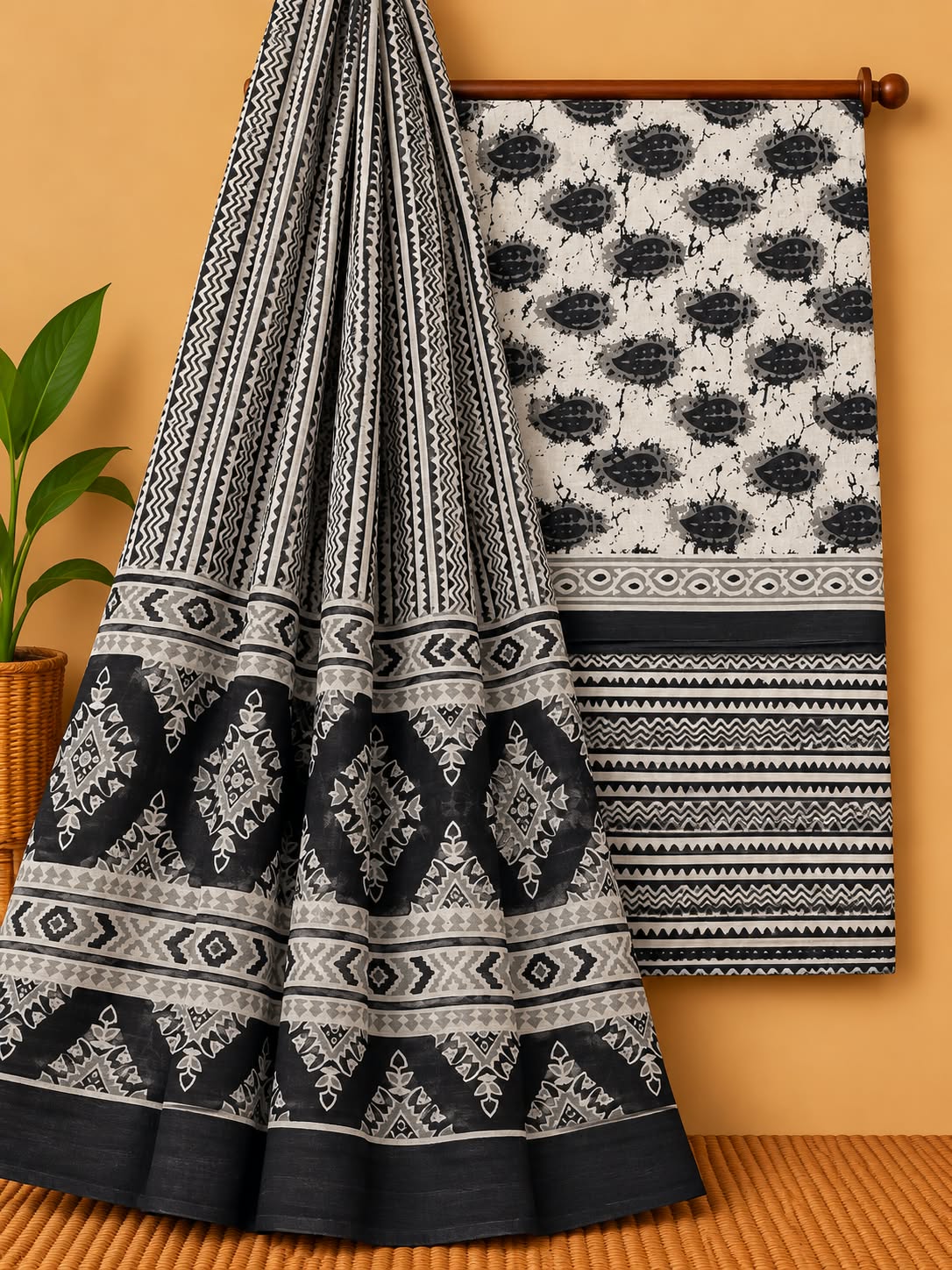 Black & Off-White Geometric Unstitched Cotton Screen Print Salwar Suit Set with Mul Cotton Dupatta