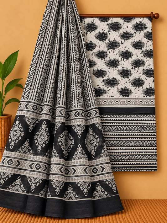 Black & Off-White Geometric Unstitched Cotton Screen Print Salwar Suit Set with Mul Cotton Dupatta