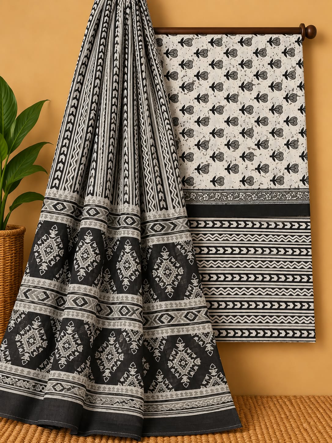 Black & Off-White Floral Booti Unstitched Cotton Screen Print Salwar Suit Set with Mul Cotton Dupatta