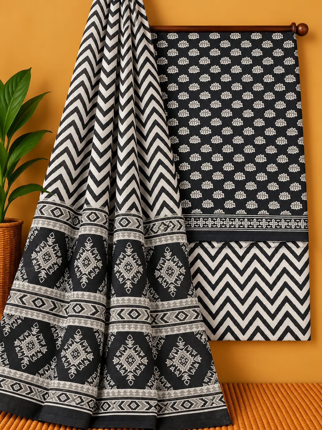 Black & White Chevron Unstitched Cotton Screen Print Salwar Suit Set with Mul Cotton Dupatta