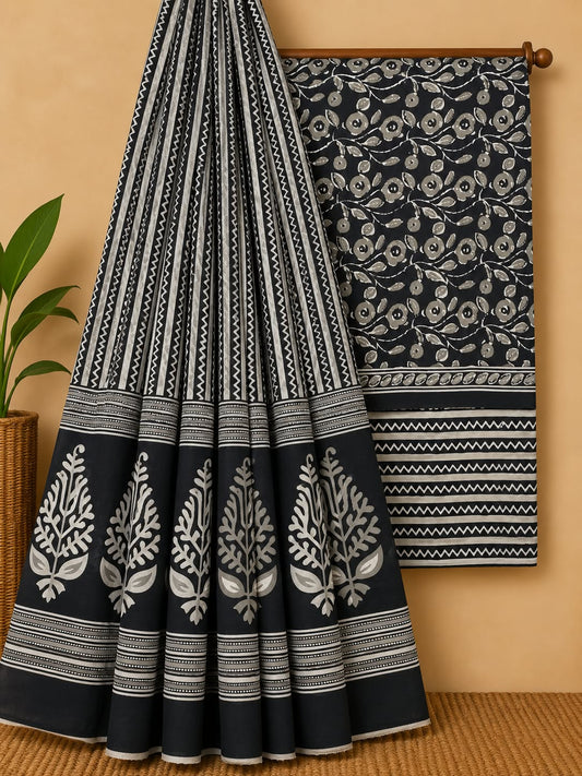 Black & White Floral Jaal Unstitched Cotton Screen Print Salwar Suit Set with Mul Cotton Dupatta