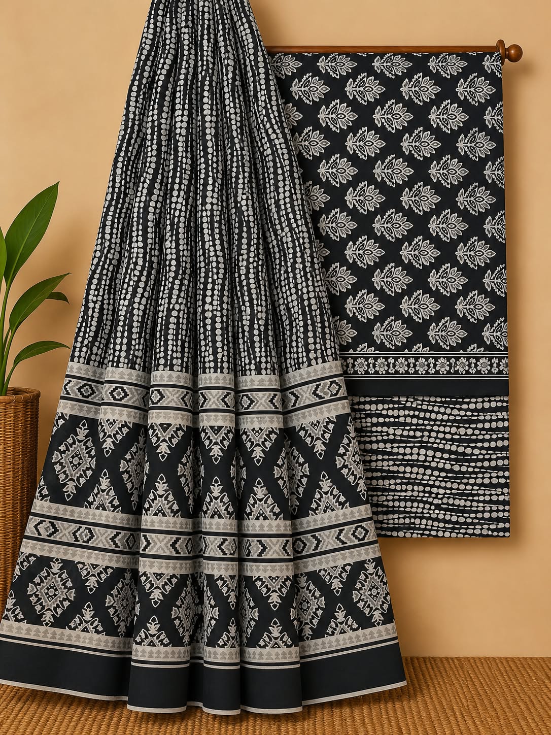 Black & White Floral Booti Unstitched Cotton Screen Print Salwar Suit Set with Mul Cotton Dupatta